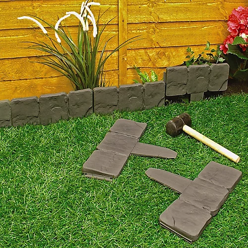 2.4m Cobble Stone Effect Lawn Edging - Weatherproof Garden Border Flower Bed Staked Fence Strips - 10 Piece, Each W24 X H10cm 3 2.4m Cobble Stone Effect Lawn Edging - Weatherproof Garden Border Flower Bed Staked Fence Strips - 10 Piece, Each W24 X H10cm