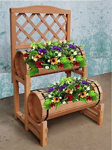 2 Tier Wood Barrel Planter With Trellis - Natural 3 2 Tier Wood Barrel Planter With Trellis - Natural
