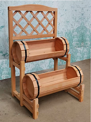 2 Tier Wood Barrel Planter With Trellis - Natural 4 2 Tier Wood Barrel Planter With Trellis - Natural - Image 2