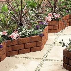 4 X Brick Effect Garden Border Edging Strips - Terracotta Weatherproof Interlocking Fence Or Planter Panels - Each H17.5 X L43cm