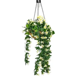 Artificial Duranta White Flowers Hanging Basket With Solar Light 26cm