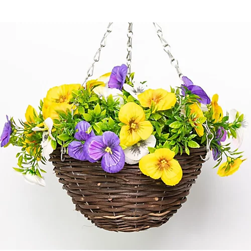 Artificial Pansy Flowers Rattan Hanging Basket Decoration Yellow Purple & White 25cm 2 Artificial Pansy Flowers Rattan Hanging Basket Decoration Yellow Purple & White 25cm