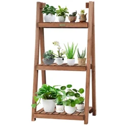 Costway 3-Tier Folding Flower Stand Rack Wooden Flower Pot Shelf Portable Plant Stand Organizer Staircase Display Shelves