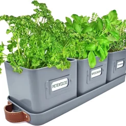 Herb Pots For Kitchen Windowsill For Indoor Herb Planter With Tray (Charcoal)