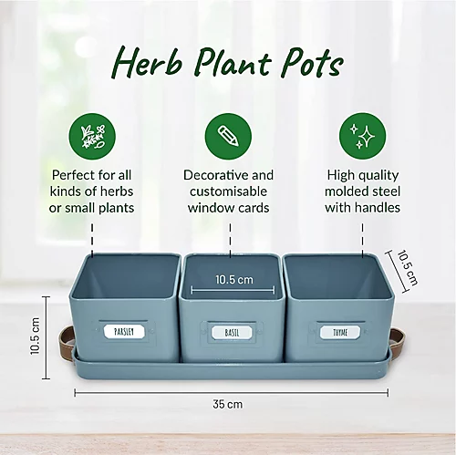 Herb Pots For Kitchen Windowsill With Leather Handles Ideal For Growing Indoor Plants With Tray (Teal Blue) 4 Herb Pots For Kitchen Windowsill With Leather Handles Ideal For Growing Indoor Plants With Tray (Teal Blue) - Image 2