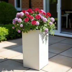 IDEALIST Contemporary White Light Concrete Garden Tall Square Planter, Outdoor Plant Pot H70 L33 W33 Cm, 79L