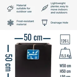 IDEALIST Flower Box Square Garden Planter, Black Light Concrete Outdoor Large Plant Pot H50 L50 W50 Cm, 126L -Draper Tool Shop idealist flower box square garden planter black light concrete outdoor large plant pot h50 l50 w50 cm 126l5000124401566 06c MP