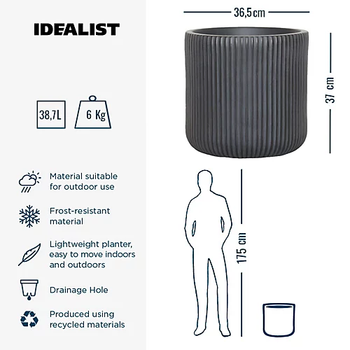 IDEALIST Ribbed Black Garden Round Planter, Outdoor Plant Pot D36.5 H37 Cm, 39L 6 IDEALIST Ribbed Black Garden Round Planter, Outdoor Plant Pot D36.5 H37 Cm, 39L - Image 4