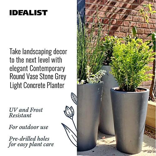 IDEALIST Stone Grey Light Concrete Round Garden Tall Planter, Outdoor Large Plant Pot H70 L50 W50 Cm, 137L 4 IDEALIST Stone Grey Light Concrete Round Garden Tall Planter, Outdoor Large Plant Pot H70 L50 W50 Cm, 137L - Image 2