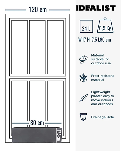 IDEALIST Window Flower Box Garden Planter, Dark Grey Light Concrete Outdoor Plant Pot L80 W17 H17.5 Cm, 24L 6 IDEALIST Window Flower Box Garden Planter, Dark Grey Light Concrete Outdoor Plant Pot L80 W17 H17.5 Cm, 24L - Image 4