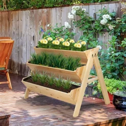 Outsunny 3 Tier Wooden Garden Raised Bed Plant With Clapboard And Hooks