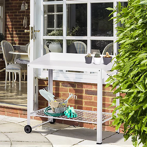 Outsunny Metal Potting Bench Garden Planting Table Push Cart W/ Wheel, Hanger 3 Outsunny Metal Potting Bench Garden Planting Table Push Cart W/ Wheel, Hanger
