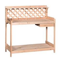 Outsunny Outdoor Wood Potting Table Garden Plant W/ Drawer, Hook, Slatted Shelf -Draper Tool Shop outsunny outdoor wood potting table garden plant w drawer hook slatted shelf5056029888261 02c MP