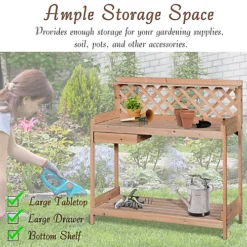 Outsunny Outdoor Wood Potting Table Garden Plant W/ Drawer, Hook, Slatted Shelf -Draper Tool Shop outsunny outdoor wood potting table garden plant w drawer hook slatted shelf5056029888261 06c MP