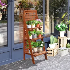 Outsunny Three-Tier Plant Rack Outdoor Organiser Unit Ladder Design Storage