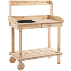 Outsunny Wood Potting Bench Work Table W/ 2 Wheels & Drawer, 92x45x119cm -Draper Tool Shop outsunny wood potting bench work table w 2 wheels drawer 92x45x119cm5056534531256 02c MP