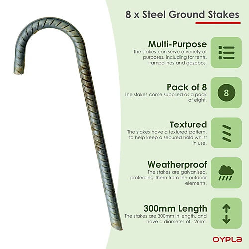 Oypla 8x Super Heavy Duty Galvanised Steel J Hooks Ground Stakes Rebar Tent Pegs Garden Pins Anchors - 12 Inch 5 Oypla 8x Super Heavy Duty Galvanised Steel J Hooks Ground Stakes Rebar Tent Pegs Garden Pins Anchors - 12 Inch - Image 3