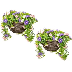 Pair Of Artificial Petunia Flowers Rattan Hanging Basket Decoration Pink Purple & White 25cm