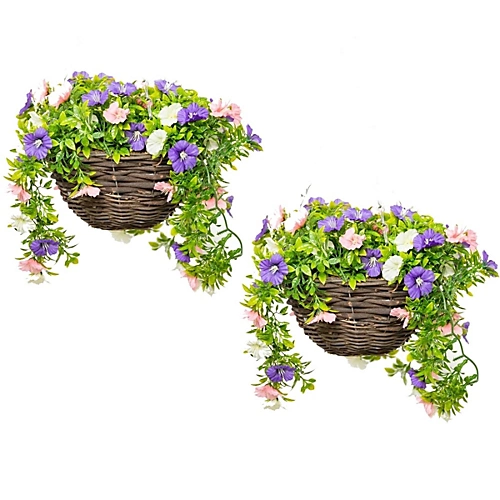 Pair Of Artificial Petunia Flowers Rattan Hanging Basket Decoration Pink Purple & White 25cm 3 Pair Of Artificial Petunia Flowers Rattan Hanging Basket Decoration Pink Purple & White 25cm