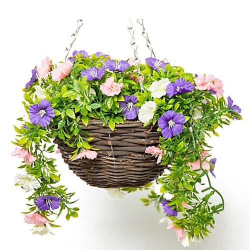 Pair Of Artificial Petunia Flowers Rattan Hanging Basket Decoration Pink Purple & White 25cm 4 Pair Of Artificial Petunia Flowers Rattan Hanging Basket Decoration Pink Purple & White 25cm - Image 2