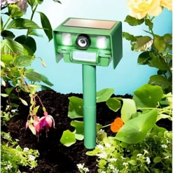 Ultrasonic Solar Powered Pest Repeller Scarer - Stake In Lawns & Borders Or Mount On Walls Or Fences - 7m Detection Range