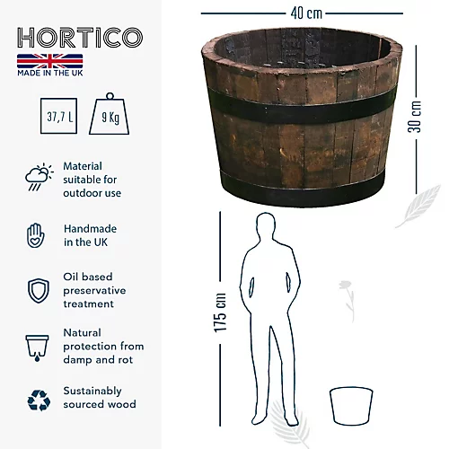 Value Set Of 2 HORTICO Upcycled Oak Round Tub Wooden Planter For Garden, Outdoor Plant Pot Made In The UK D40 H30 Cm, 37.7L 5 Value Set Of 2 HORTICO Upcycled Oak Round Tub Wooden Planter For Garden, Outdoor Plant Pot Made In The UK D40 H30 Cm, 37.7L - Image 3