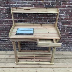 Wooden Potting Table With Drawer, Two Storage Shelves And Zinc Soil Holding Pan 8 Wooden Potting Table With Drawer, Two Storage Shelves And Zinc Soil Holding Pan -Draper Tool Shop wooden potting table with drawer two storage shelves and zinc soil holding pan5060575104263 03c MP