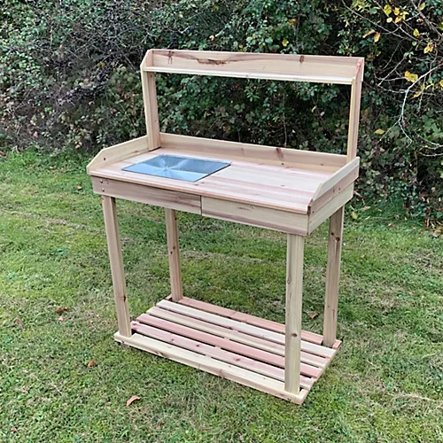 Wooden Potting Table With Drawer, Two Storage Shelves And Zinc Soil Holding Pan 6 Wooden Potting Table With Drawer, Two Storage Shelves And Zinc Soil Holding Pan - Image 4